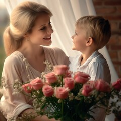 cute girl with mother holding flower bouquet