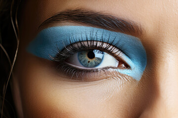 Close-up of a bold blue eye shadow on an eye with a detailed view of lush lashes and textured skin.