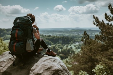 lone backpacker resting on a boulder with scenic views