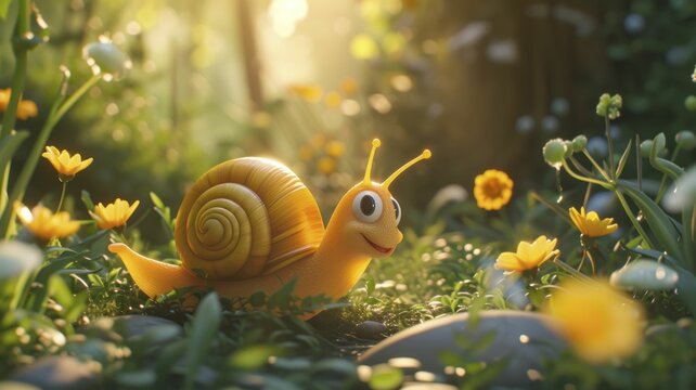Cartoon snail influencer promoting slow living and mindfulness, in a serene garden at sunrise.