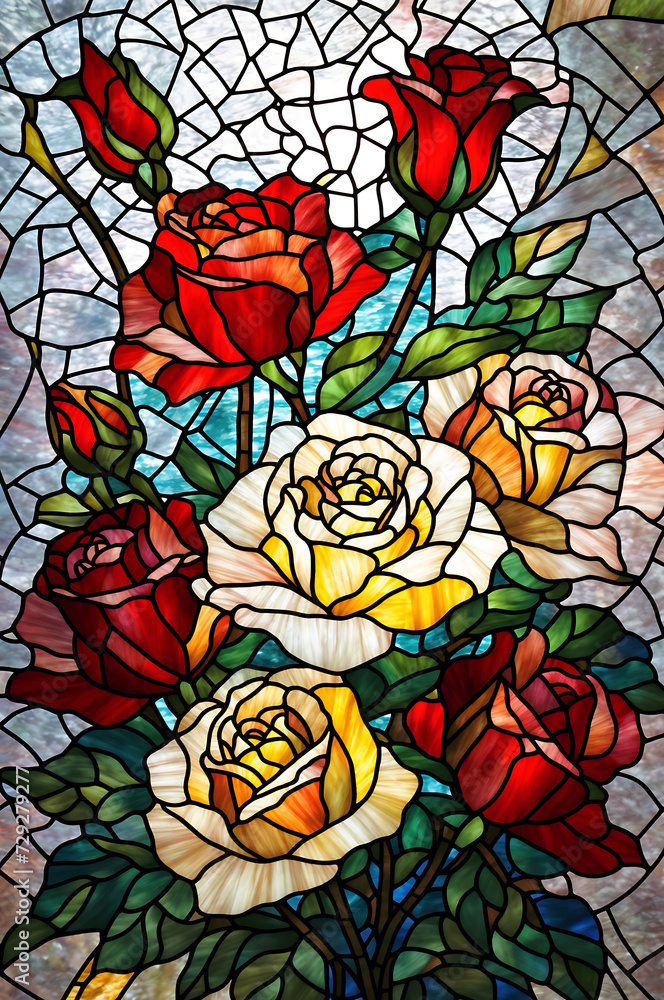 Poster AI generated illustration of a stained glass window adorned with beautiful roses