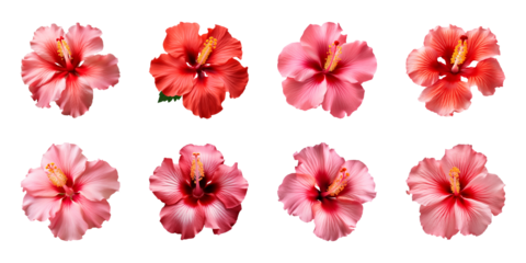 Collection of red and pink hibiscus flowers isolated on a transparent background, top view