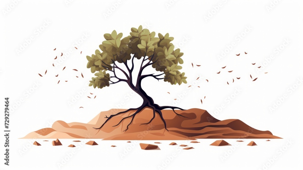 Poster decorative elements, tree without leaves with a piece of earth white background generative ai