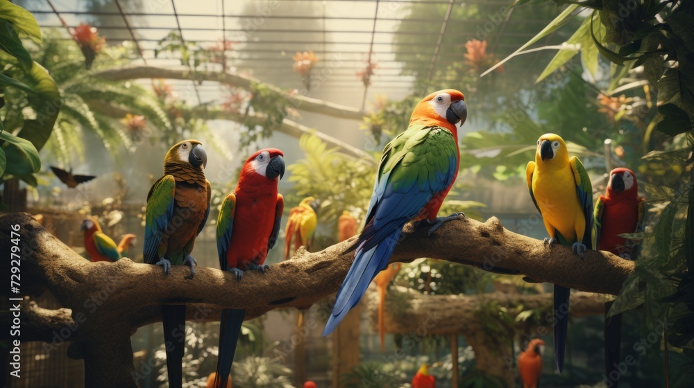 Poster zoo aviary showcasing a variety of exotic birds, visitors observing diverse avian species in a natur