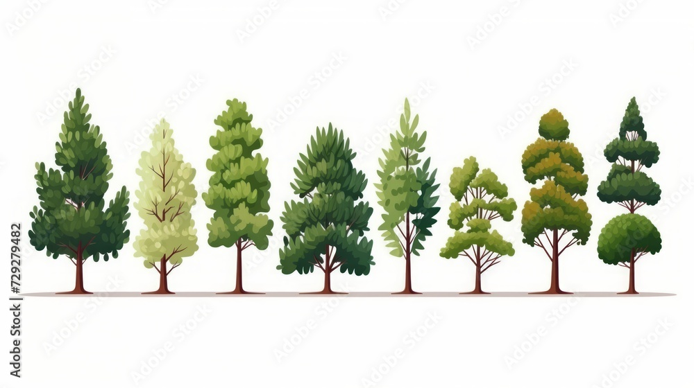 Poster different trees stand separately white background Generative AI