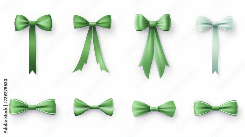Poster set of different green ribbons, on a white isolated background generative ai