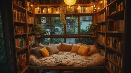 Cozy reading nooks with warm lighting, plush seating, and surrounded by books in a home setting