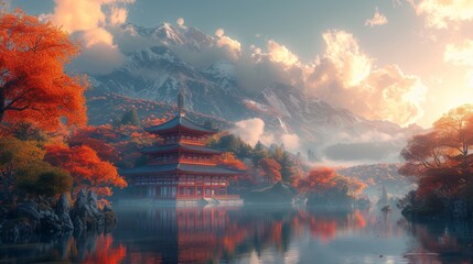 Ancient Temple in a Tranquil Setting, a serene shot of an ancient temple nestled in a peaceful landscape, showcasing the timeless beauty of architectural heritage.