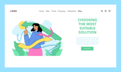 Choosing the most suitable solution concept. Confident woman selecting arrow with light amongst others. Clarity of picking best path. Confusion in decision making process. Flat vector illustration
