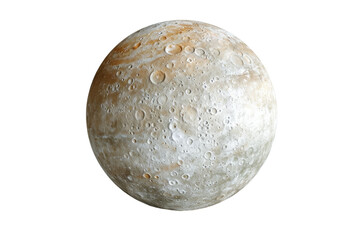 Conceptual image featuring Callisto, one of Jupiter's moons, showcasing its heavily cratered surface against a white setting Generative AI