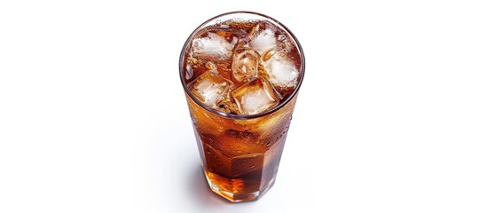 High quality photo of a soda with ice in a transparent glass on a white background.
