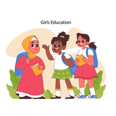 Girls education concept. Three diverse schoolgirls with backpacks and textbooks ready to go study in class. Enthusiasm for learning and friendship. Equal opportunities. Flat vector illustration