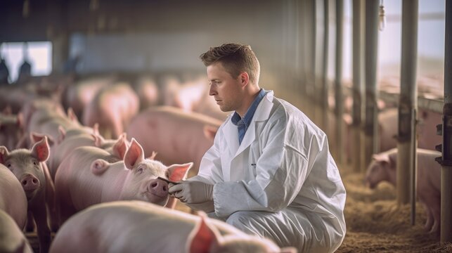 An experienced male veterinarian wearing a white coat works and checks the health of animals on a huge pig farm. Agriculture, meat production concepts.