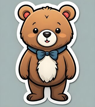 Sticker or logo of brown teddy bear with blue bow-tie