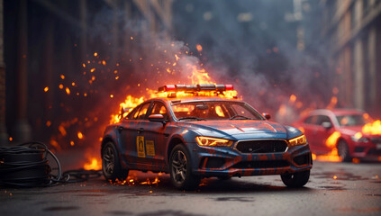 A burning police car in the city