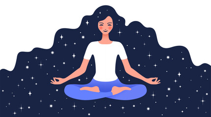 Woman in yoga meditation pose. Beautiful woman sitting in yoga lotus meditation pose, relax, breath on white background. Cute woman person, exercise, practicing yoga, lifestyle. Vector illustration