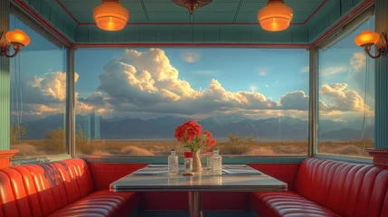 Crédence de cuisine en verre imprimé Montagnes restaurant interior with panoramic windows mountain landscape