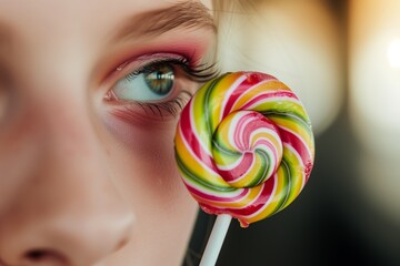 person holding lollipop near eye, candy in sharp focus