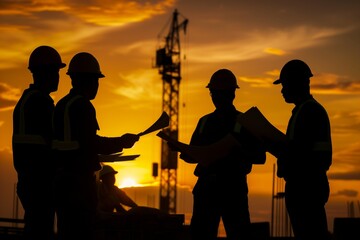 group of workers in silhouette consulting over plans at sunset