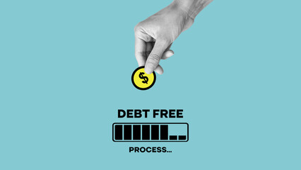 Debt free in process, financial freedom, ending credit payments and bank loans, loading bar