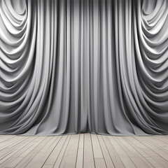 gray massive curtain, room with curtains, deep folds of the heavy curtain, theater stage covered with a curtain