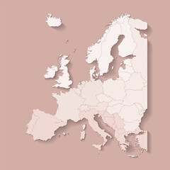 Vector illustration with european land with borders of states and marked country Andorra. Political map in brown colors with western, south and etc regions. Beige background