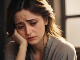 Fototapeta premium Glimpse of Sorrow, Capturing the Sorrow of a Young Lady, Portrait of a Young Woman in Sadness, Beautiful young woman in sad face, woman in sad face, sad woman closeup