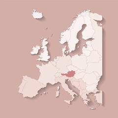 Vector illustration with european land with borders of states and marked country Austria. Political map in brown colors with western, south and etc regions. Beige background