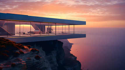 Modern house above the cliff and sea view during sunset.