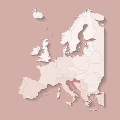 Vector illustration with european land with borders of states and marked country Croatia. Political map in brown colors with western, south and etc regions. Beige background