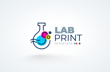  Logo Lab Print СMYK Polygraphy theme. lnk in a laboratory test tube. Template design vector. White background.