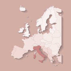 Vector illustration with european land with borders of states and marked country Italy. Political map in brown colors with western, south and etc regions. Beige background