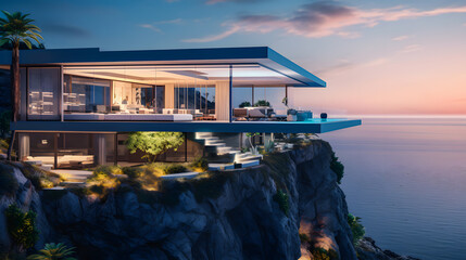 Modern house above the cliff and sea view during sunset. - obrazy, fototapety, plakaty