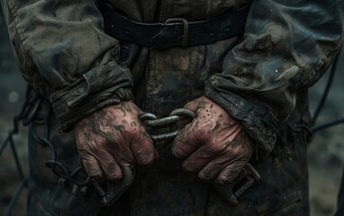 Close-up of dirty, worked hands gripping a heavy chain, wearing worn, stained clothing.