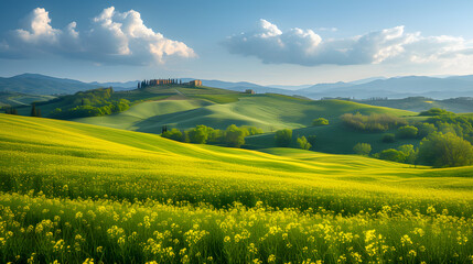 Fototapeta premium A picturesque countryside, with rolling hills as the background, during a blooming spring