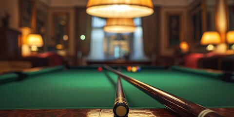 The billiards cue aligns with a snooker table in a warmly lit, opulent room, perfect for a scene in a luxury lifestyle magazine or an advertisement for a high-end billiards equipment manufacturer.