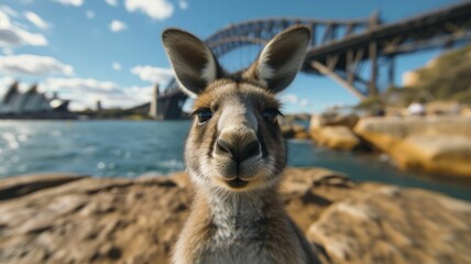 Obraz premium An influential kangaroo capturing selfies against the backdrop of renowned landmarks.