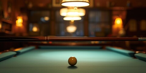 A close-up of a billiards cue and ball on a snooker table, set against the upscale billiards hall,...