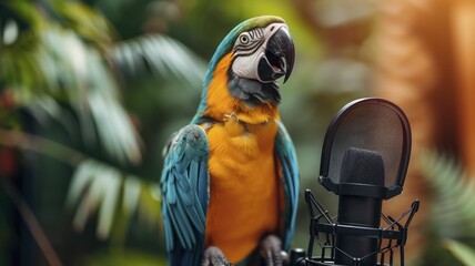 Influencer parrot on a podcast set, speaking into a microphone with tropical decor background.