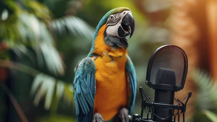 Stof per meter Influencer parrot on a podcast set, speaking into a microphone with tropical decor background. © Manyapha