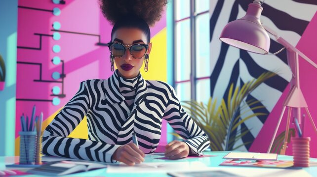 Influencer in a zebra fashion studio, creating bold striped patterns for a new clothing line.