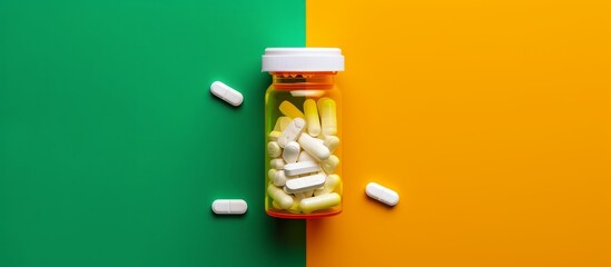 Yellow and green background with white pills in pill bottle, opposite of orange.