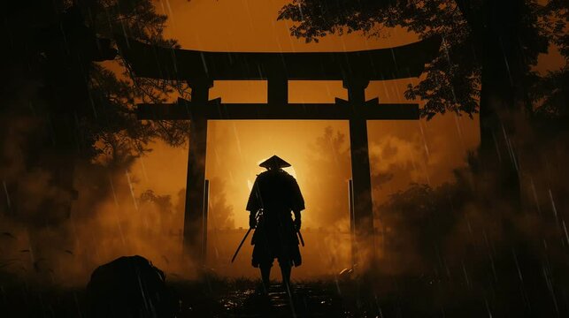 silhouette of a samurai standing in front of the torii gate. seamless looping time-lapse virtual video Animation Background.
