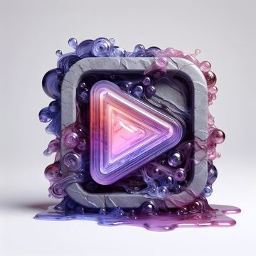 Play button made of Raw Stone blend with violet glass. AI generated illustration