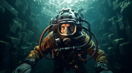 Underwater world. Coral reef and fishes in sea. ocean. a male diver in a suit swims underwater...