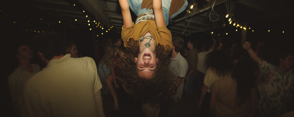 Obraz premium Crazy eccentric party banner upside down young fun woman