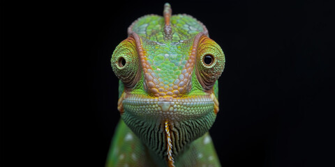 Chameleon reptile animal face portrait on black background