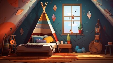 3D cartoon bohemian bedroom empty background