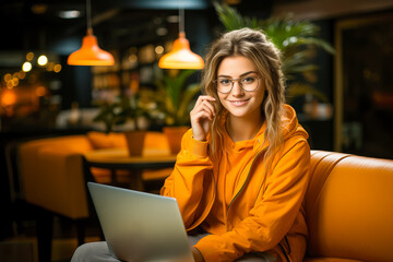 woman with a beautiful smile in a yellow jacket holding a laptop in a cafe