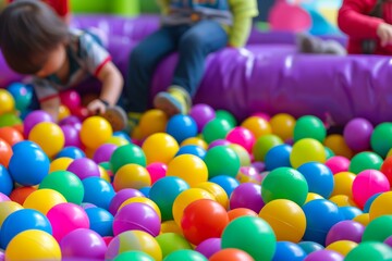 Fototapeta na wymiar toddlers in a ball pit with vibrant balls and soft play area